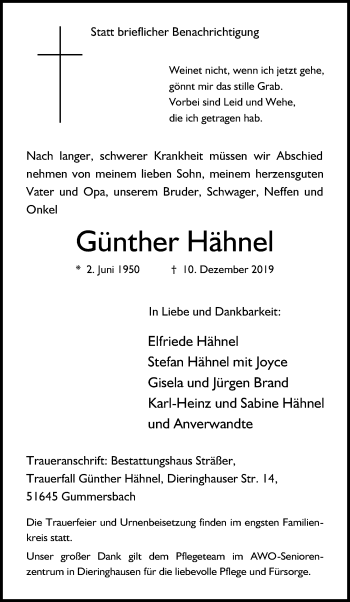 Anzeige von Günther Hähnel von Kölner Stadt-Anzeiger / Kölnische Rundschau / Express