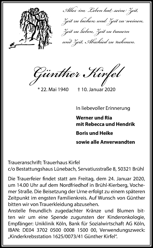  Traueranzeige für Günther Kirfel vom 18.01.2020 aus Kölner Stadt-Anzeiger / Kölnische Rundschau / Express
