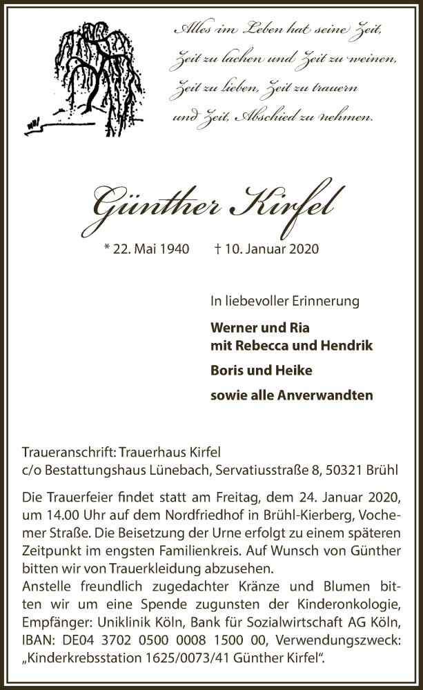  Traueranzeige für Günther Kirfel vom 15.01.2020 aus  Schlossbote/Werbekurier 