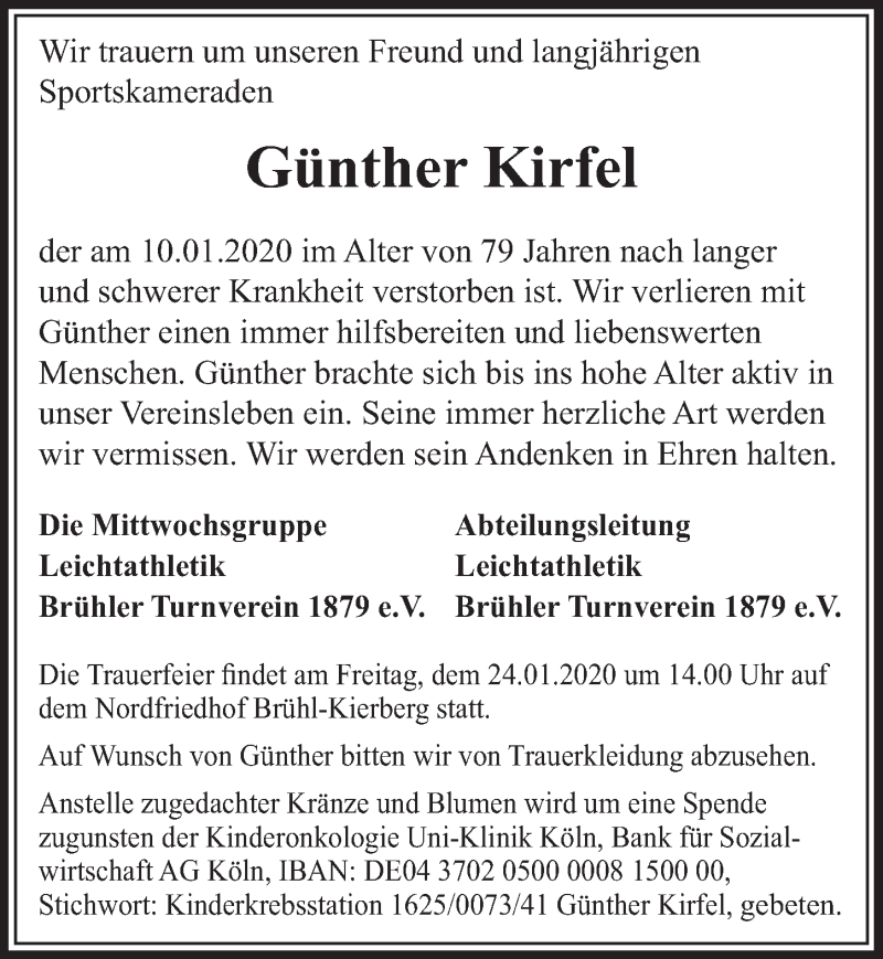  Traueranzeige für Günther Kirfel vom 22.01.2020 aus  Schlossbote/Werbekurier 