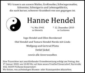 Anzeige von Hanne Hendel von Kölner Stadt-Anzeiger / Kölnische Rundschau / Express