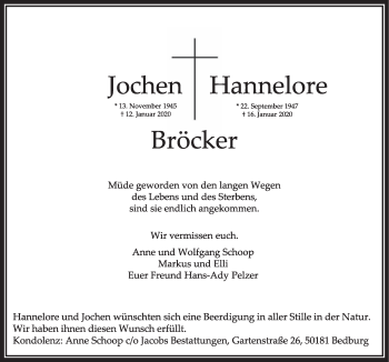 Anzeige von Hannelore Bröcker von  Sonntags-Post 