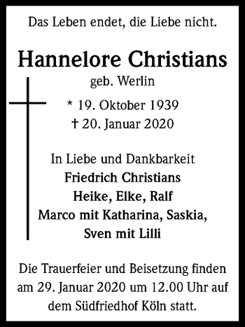 Anzeige von Hannelore Christians von Kölner Stadt-Anzeiger / Kölnische Rundschau / Express