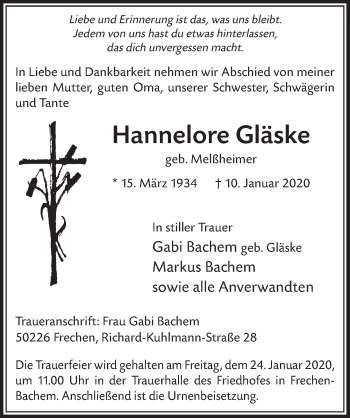 Anzeige von Hannelore Gläske von  Sonntags-Post 