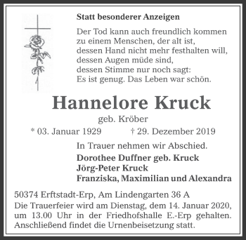 Anzeige von Hannelore Kruck von  Werbepost 