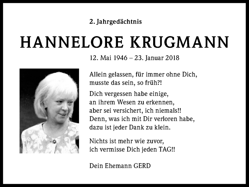  Traueranzeige für Hannelore Krugmann vom 23.01.2020 aus Kölner Stadt-Anzeiger / Kölnische Rundschau / Express