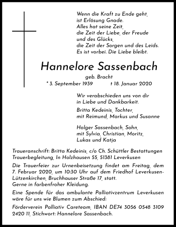 Anzeige von Hannelore Sassenbach von Kölner Stadt-Anzeiger / Kölnische Rundschau / Express