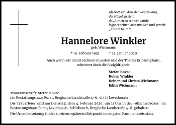 Anzeige von Hannelore Winkler von Kölner Stadt-Anzeiger / Kölnische Rundschau / Express