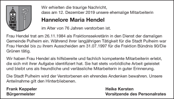 Anzeige von Hannelore Maria Hendel von  Sonntags-Post 