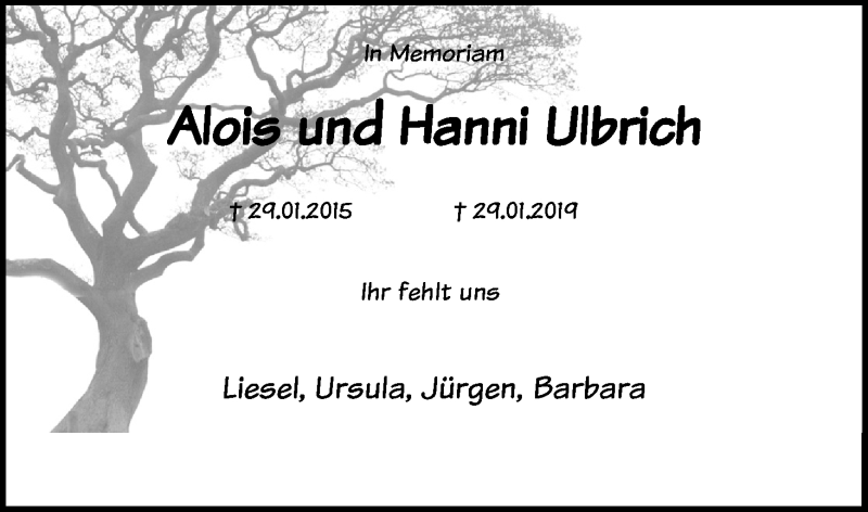  Traueranzeige für Hanni Ulbrich vom 29.01.2020 aus Kölner Stadt-Anzeiger / Kölnische Rundschau / Express