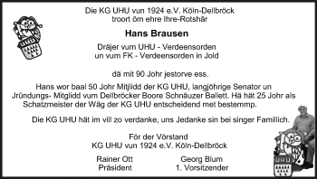 Anzeige von Hans Brausen von Kölner Stadt-Anzeiger / Kölnische Rundschau / Express