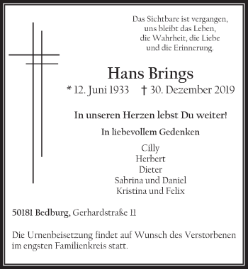 Anzeige von Hans Brings von  Werbepost 