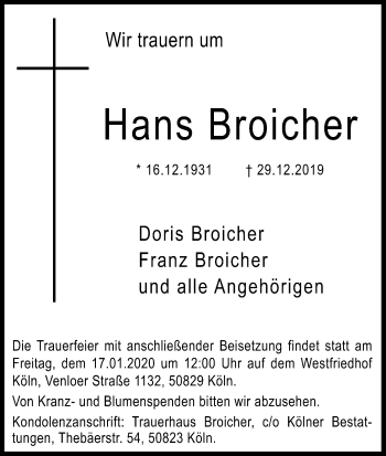 Anzeige von Hans Broicher von Kölner Stadt-Anzeiger / Kölnische Rundschau / Express