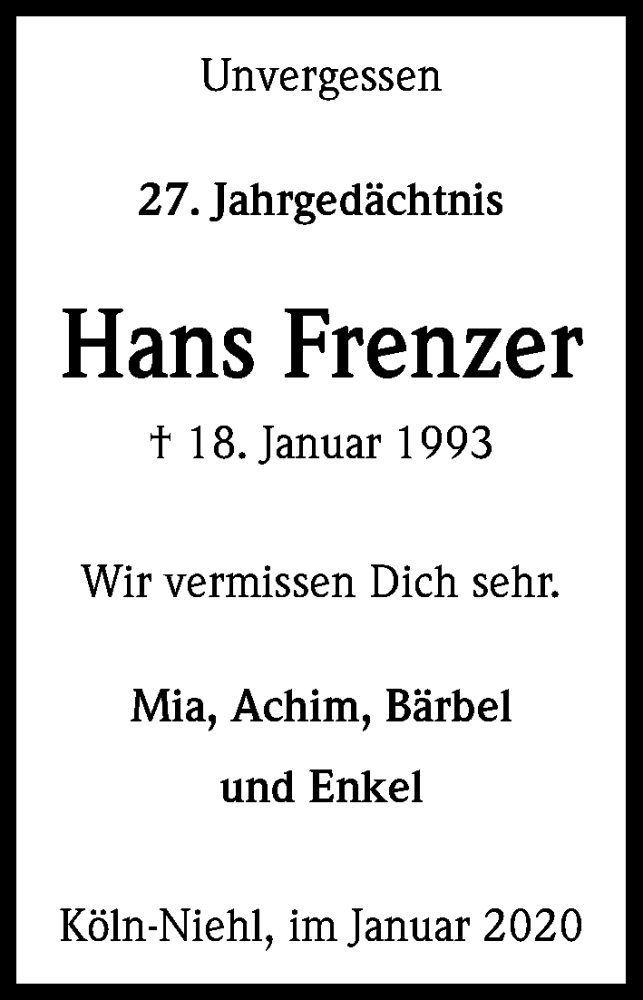  Traueranzeige für Hans Frenzer vom 18.07.2023 aus Kölner Stadt-Anzeiger / Kölnische Rundschau / Express