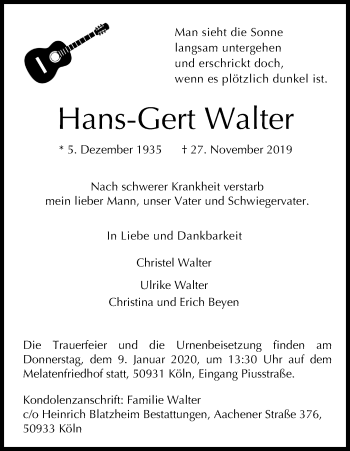 Anzeige von Hans-Gert Walter von Kölner Stadt-Anzeiger / Kölnische Rundschau / Express
