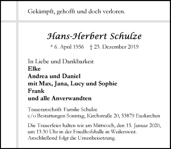 Anzeige von Hans-Herbert Schulze von  Blickpunkt Euskirchen 