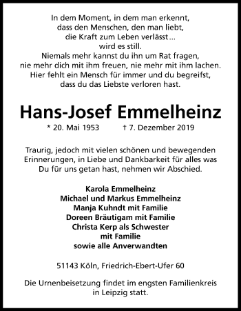 Anzeige von Hans-Josef Emmelheinz von Kölner Stadt-Anzeiger / Kölnische Rundschau / Express