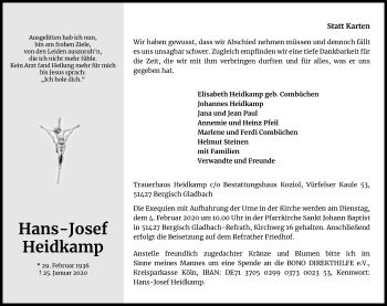 Anzeige von Hans-Josef Heidkamp von Kölner Stadt-Anzeiger / Kölnische Rundschau / Express
