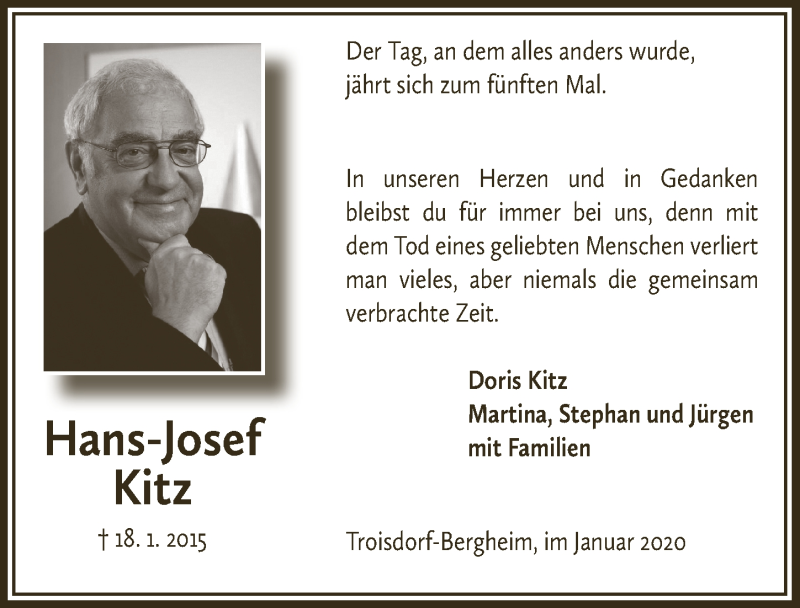  Traueranzeige für Hans-Josef Kitz vom 18.01.2020 aus  Rhein-Sieg-Wochenende 
