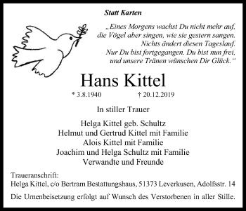 Anzeige von Hans Kittel von Kölner Stadt-Anzeiger / Kölnische Rundschau / Express