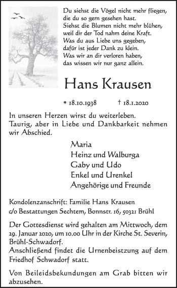Anzeige von Hans Krausen von  Schlossbote/Werbekurier 