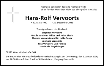 Anzeige von Hans-Rolf Vervoorts von Kölner Stadt-Anzeiger / Kölnische Rundschau / Express