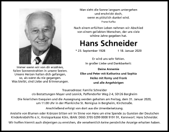 Anzeige von Hans Schneider von Kölner Stadt-Anzeiger / Kölnische Rundschau / Express
