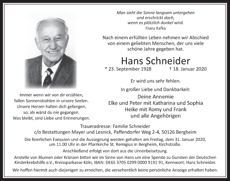  Traueranzeige für Hans Schneider vom 29.01.2020 aus  Werbepost 