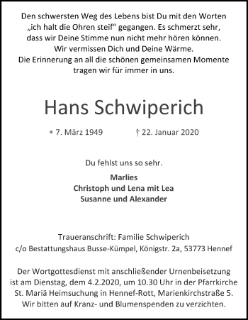 Anzeige von Hans Schwiperich von Kölner Stadt-Anzeiger / Kölnische Rundschau / Express