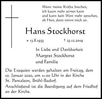 Anzeige von Hans Stockhorst von Kölner Stadt-Anzeiger / Kölnische Rundschau / Express