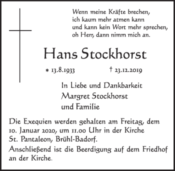 Anzeige von Hans Stockhorst von  Schlossbote/Werbekurier 