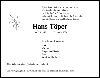 Anzeige von Hans Töper von Kölner Stadt-Anzeiger / Kölnische Rundschau / Express