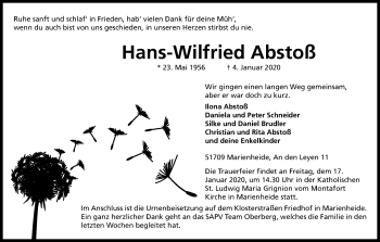 Anzeige von Hans-Wilfried Abstoß von Kölner Stadt-Anzeiger / Kölnische Rundschau / Express