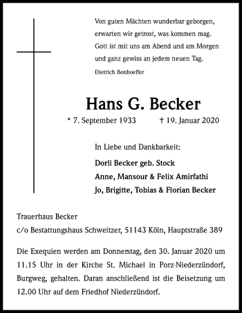 Anzeige von Hans G. Becker von Kölner Stadt-Anzeiger / Kölnische Rundschau / Express