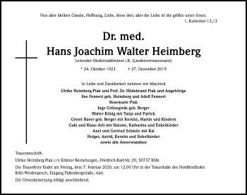 Anzeige von Hans Joachim Walter  Heimberg von Kölner Stadt-Anzeiger / Kölnische Rundschau / Express