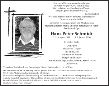 Anzeige von Hans Peter Schmidt von  Kölner Wochenspiegel 