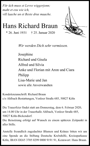 Anzeige von Hans Richard Braun von Kölner Stadt-Anzeiger / Kölnische Rundschau / Express