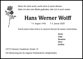 Anzeige von Hans Werner Wolff von Kölner Stadt-Anzeiger / Kölnische Rundschau / Express