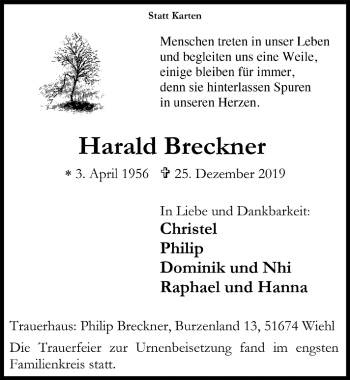 Anzeige von Harald Breckner von  Anzeigen Echo 