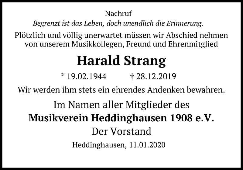  Traueranzeige für Harald Strang vom 11.01.2020 aus Kölner Stadt-Anzeiger / Kölnische Rundschau / Express