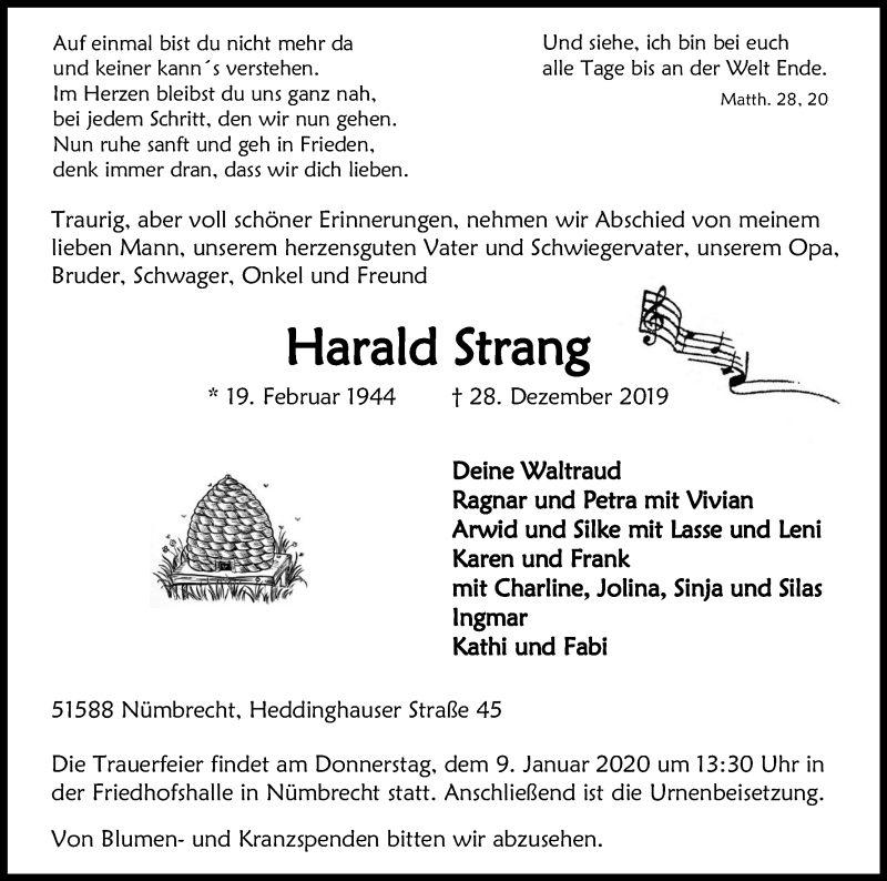  Traueranzeige für Harald Strang vom 04.01.2020 aus Kölner Stadt-Anzeiger / Kölnische Rundschau / Express