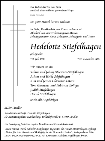 Anzeige von Hedelotte Stiefelhagen von Kölner Stadt-Anzeiger / Kölnische Rundschau / Express