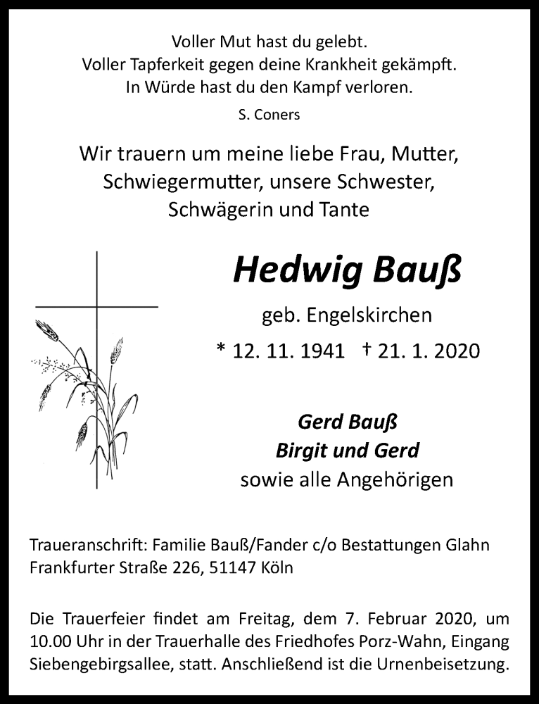  Traueranzeige für Hedwig Bauß vom 29.01.2020 aus  Kölner Wochenspiegel 
