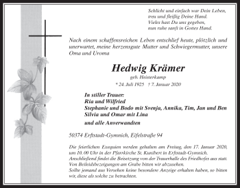 Anzeige von Hedwig Krämer von  Werbepost 