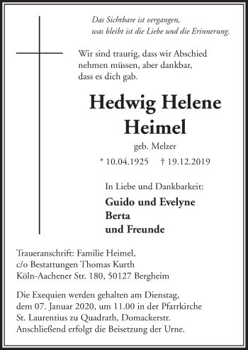 Anzeige von Hedwig Helene Heimel von  Sonntags-Post 