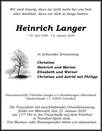 Anzeige von Heinrich Langer von Kölner Stadt-Anzeiger / Kölnische Rundschau / Express