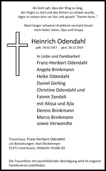 Anzeige von Heinrich Odendahl von Kölner Stadt-Anzeiger / Kölnische Rundschau / Express