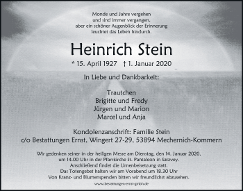 Anzeige von Heinrich Stein von  Blickpunkt Euskirchen 
