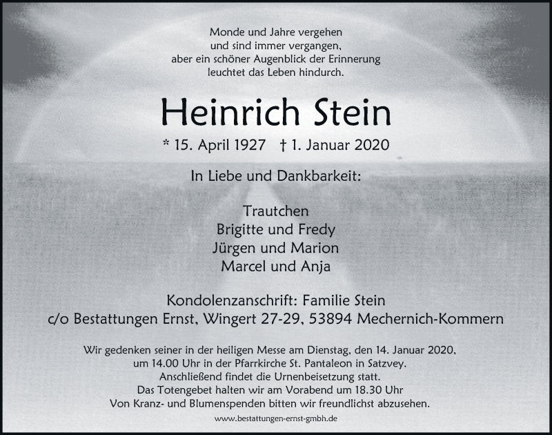  Traueranzeige für Heinrich Stein vom 04.01.2020 aus  Blickpunkt Euskirchen 