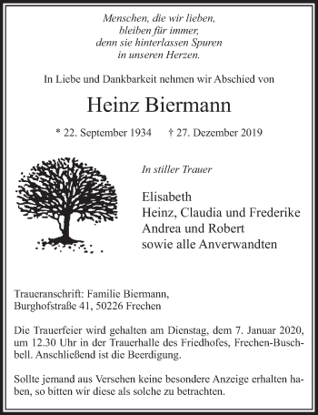Anzeige von Heinz Biermann von  Sonntags-Post 
